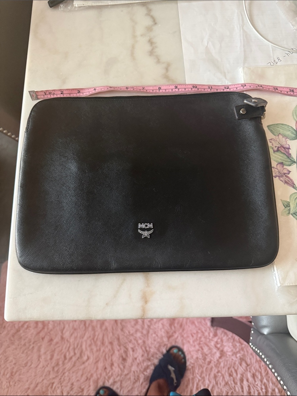 MCM Black Leather Laptop Sleeve with Silver Logo